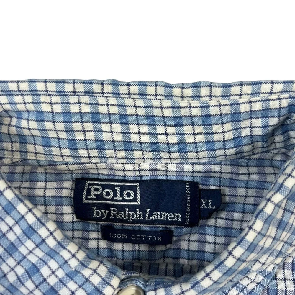 Vintage Polo Ralph Lauren Plaid Button Down Shirt Long Sleeve XL Blue‎ White